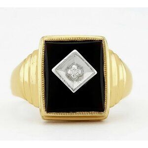 Genuine Black Onyx & Diamond Ring 10k Gold